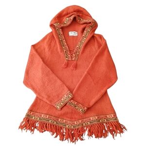 Alpasur 100% Alpaca Hoodie Women's Small Orange Fringe Tsssels Soft Fuzzy Peru
